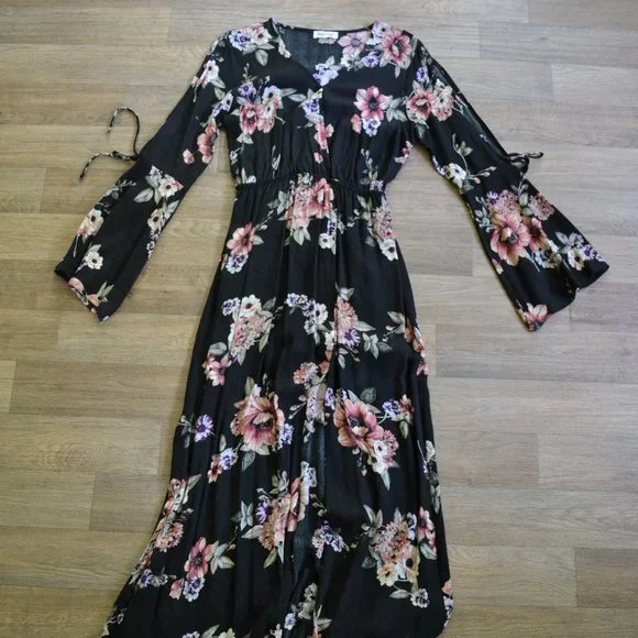 Black Wrap Floral Coldshoulder Bellsleeve Maxi Dress Side Slit Women Size Small - Picture 5 of 11